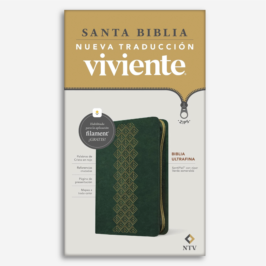 Biblia Ultrafina NTV con Filament (Con zíper, SentiPiel, Verde esmeralda, Letra Roja)