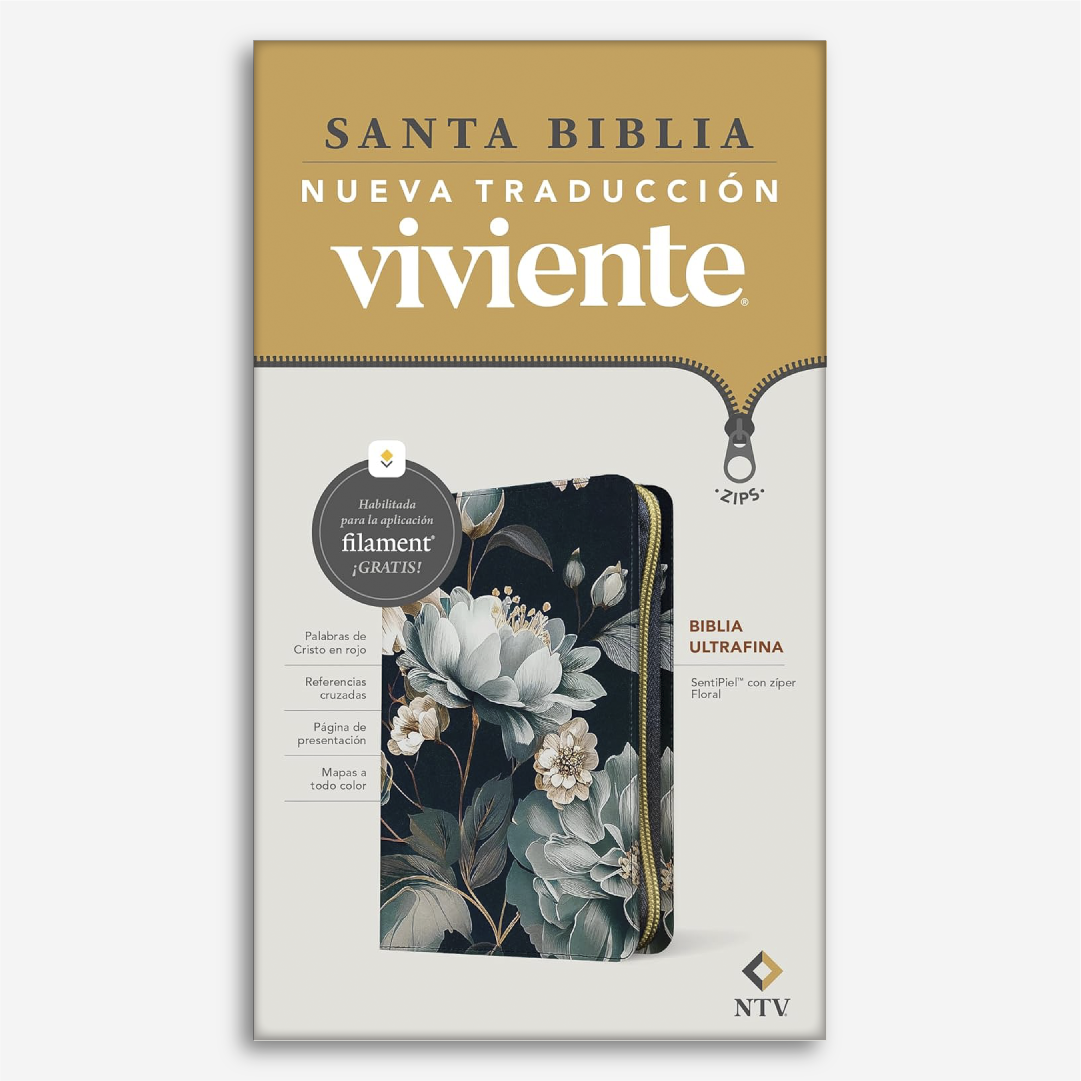 Biblia Ultrafina NTV con Filament (Con zíper, SentiPiel, Azúl flores, Letra Roja)