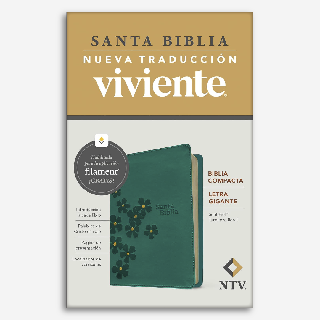 Biblia Compacta, Letra grande con Filament (SentiPiel, Turquesa Floral, Letra Roja)