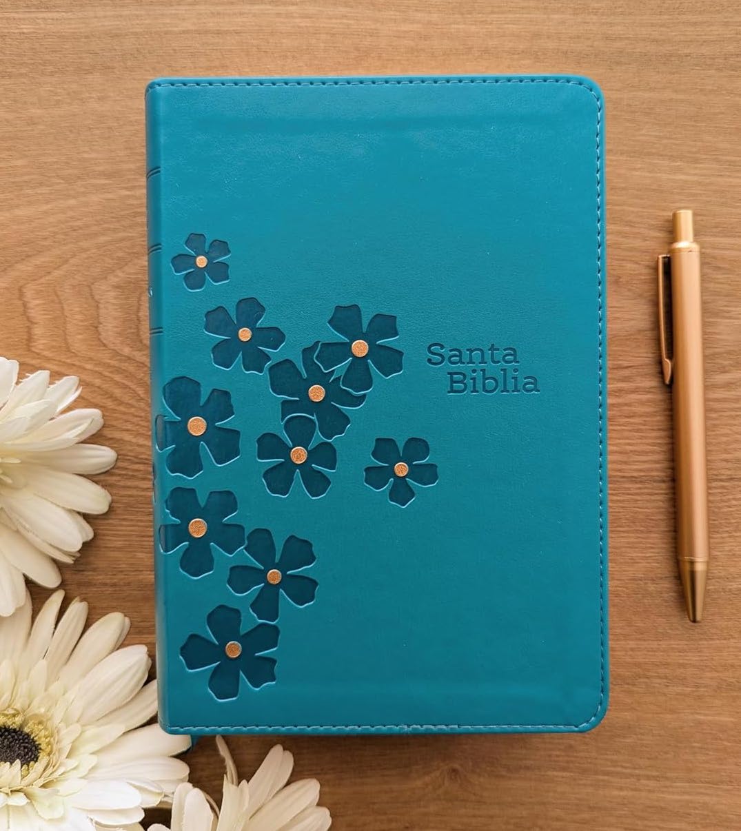 Biblia Compacta, Letra grande con Filament (SentiPiel, Turquesa Floral, Letra Roja)